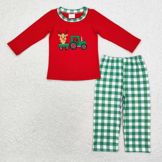 BLP0611 embroidery Christmas deer truck red long sleeve green checkered pants boys set