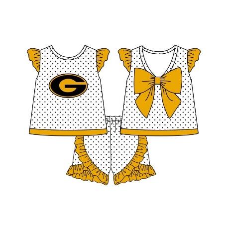 custom style G yellow dot bow flutter sleeve shorts girls set