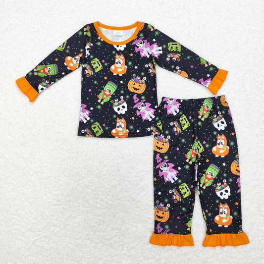 GLP1756 Halloween pumpkin blue dog black long sleeve pants girls pajamas