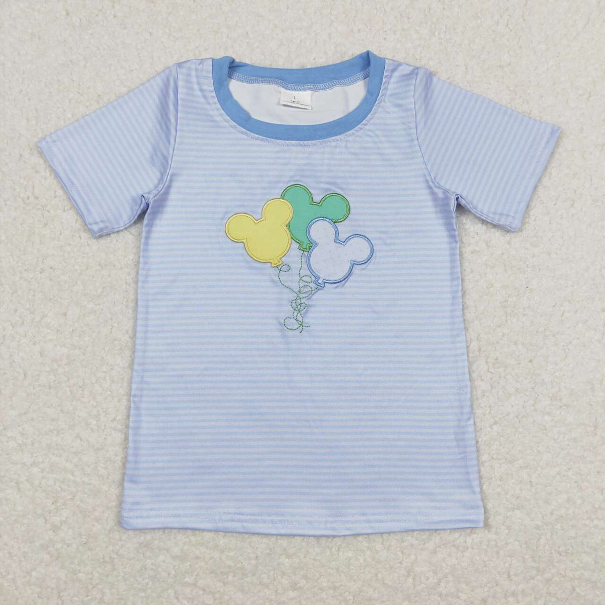 BT0482 embroidery Cartoon balloon blue striped short sleeve boys top