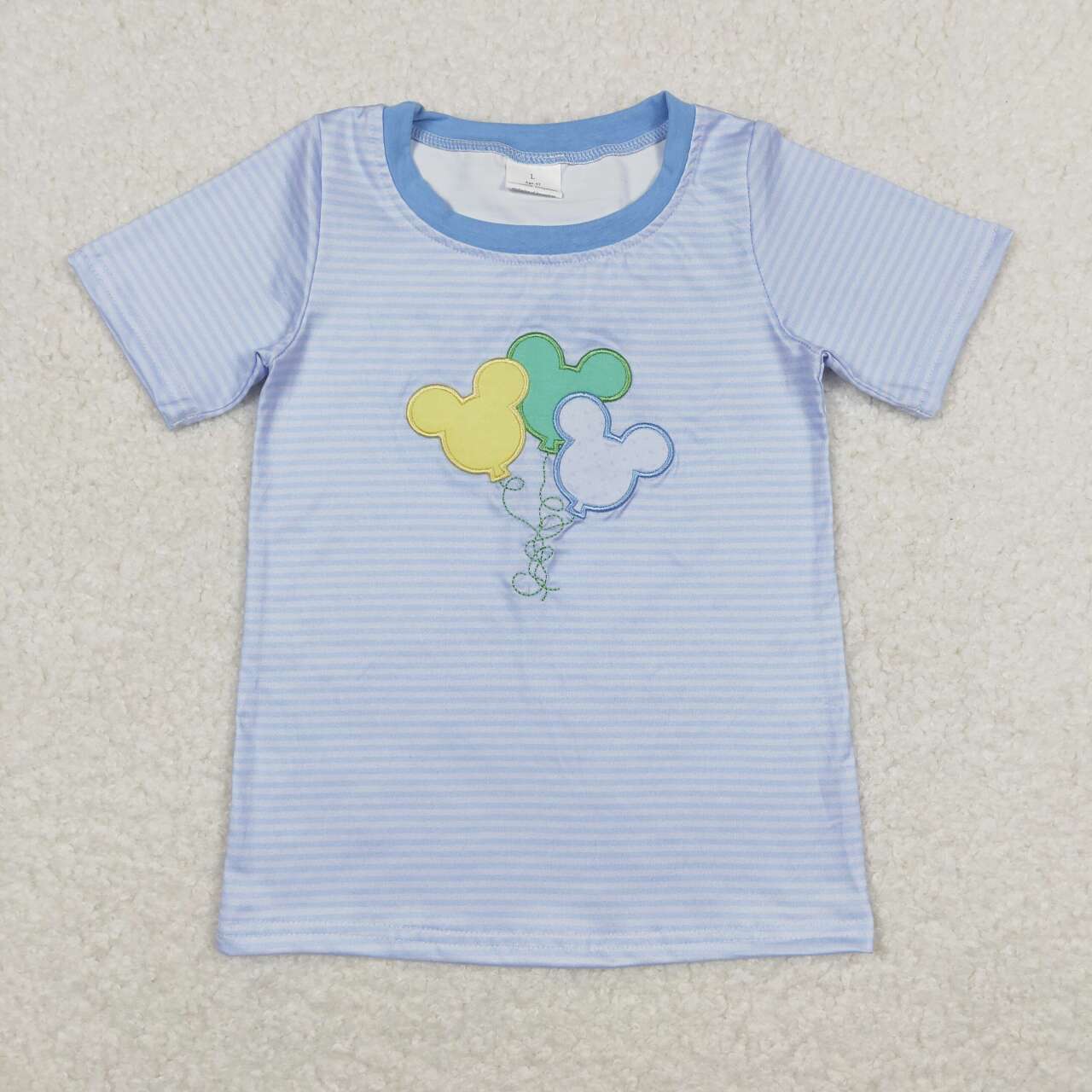 BT0482 embroidery Cartoon balloon blue striped short sleeve boys top