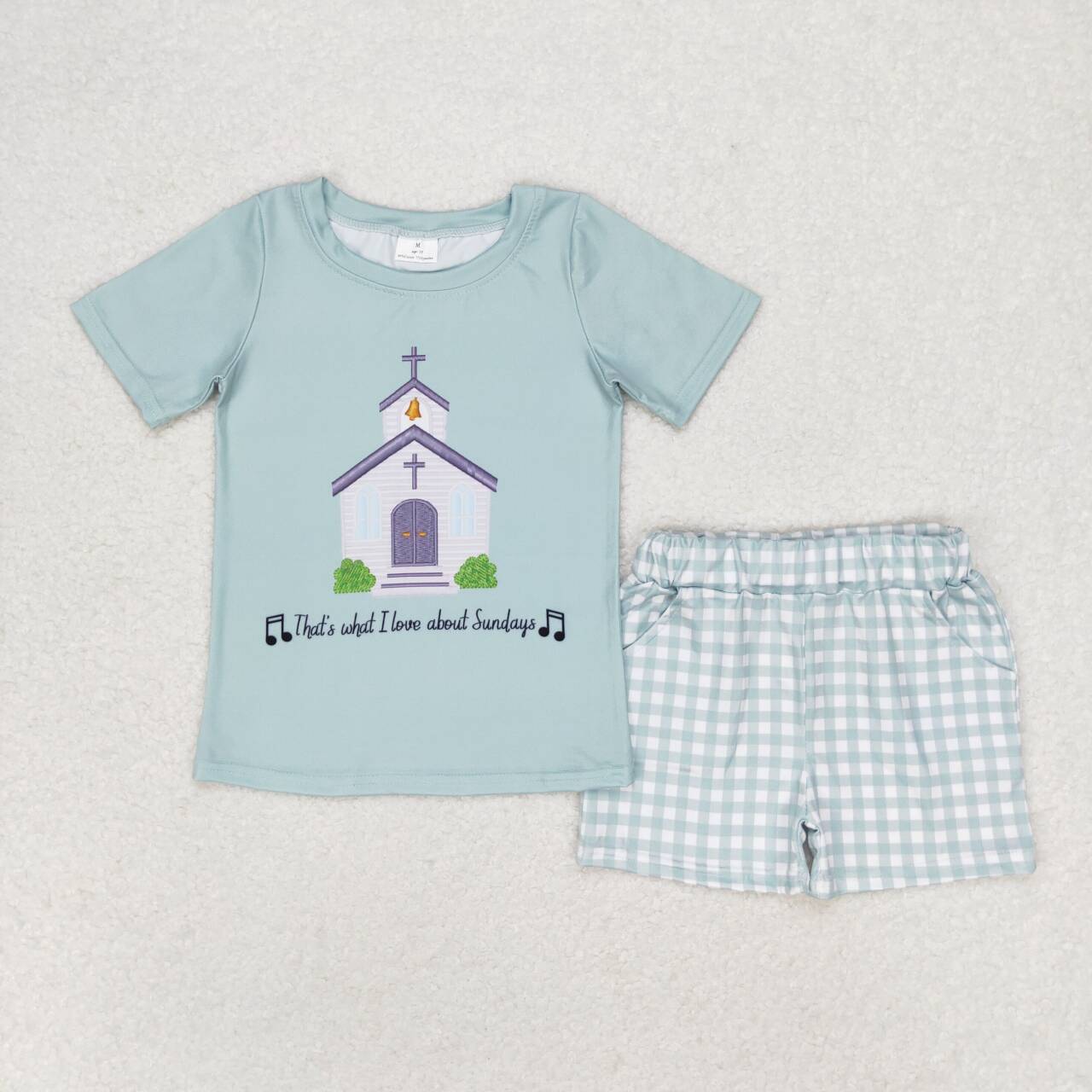 BSSO0858 church green short sleeve green checkered shorts boys set