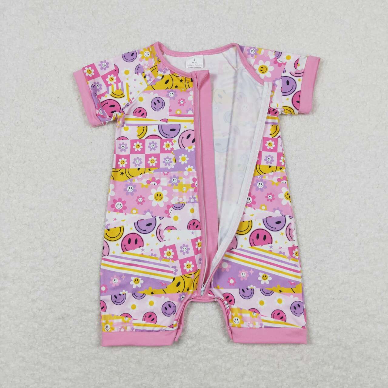 SR0968 Colorful Smile Flowers Hot Pink Purple Short Sleeve Zipper Girls Romper
