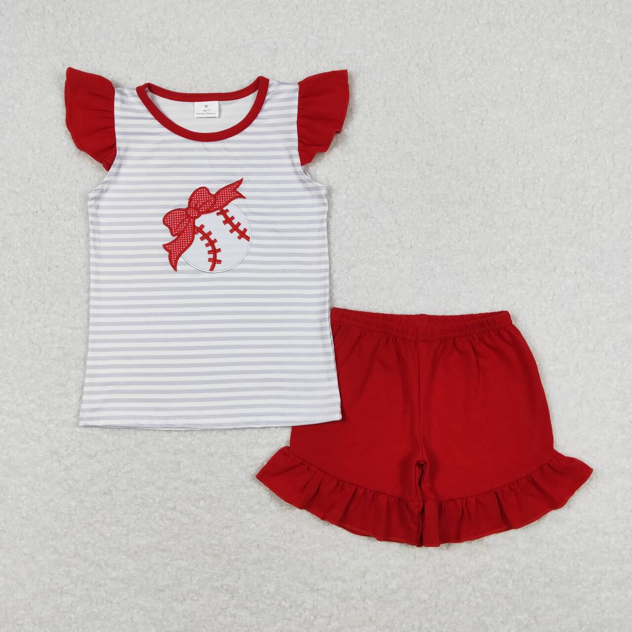 GSSO0605 embroidery Baseball Striped Flutter Sleeve Red Shorts Girls Set