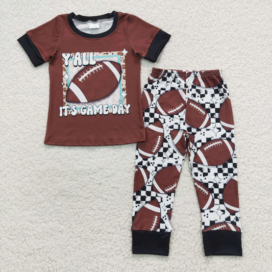 BSPO0059 Football yall its game day brown short sleeve pants boys set