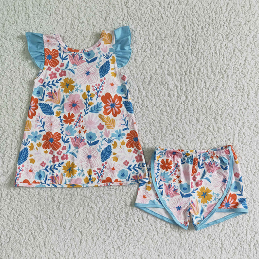GSSO0098 Blue Flower Baby Girls Match Bow Outfits
