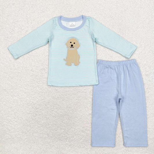 BLP0592 embroidery cute dog blue sky striped long sleeve blue pants boys set