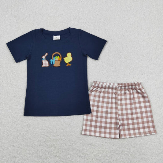 BSSO0364 embroidery Easter rabbit egg chick navy short sleeve brown checkered shorts boys set