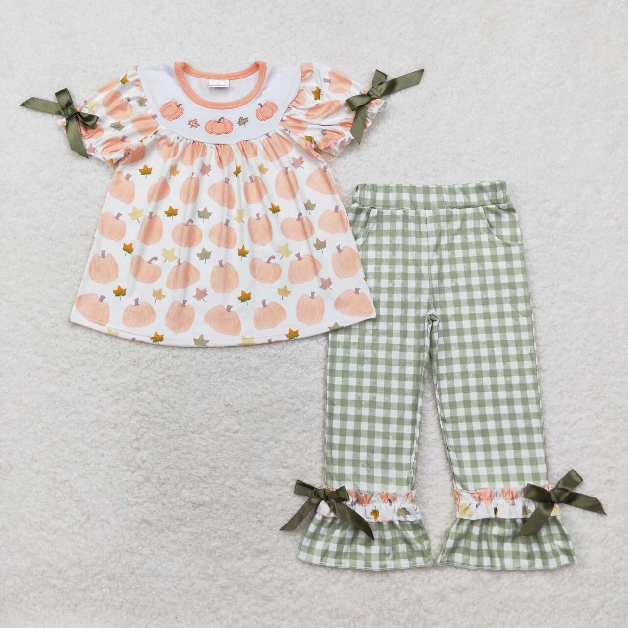 GSPO1640 embroidery Autumn full pumpkin short sleeve green checkered pants girls set