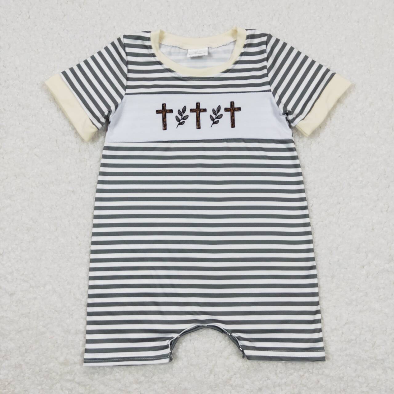 SR0814 embroidery Easter Cross Flowers Striped Short Sleeve Boys Romper