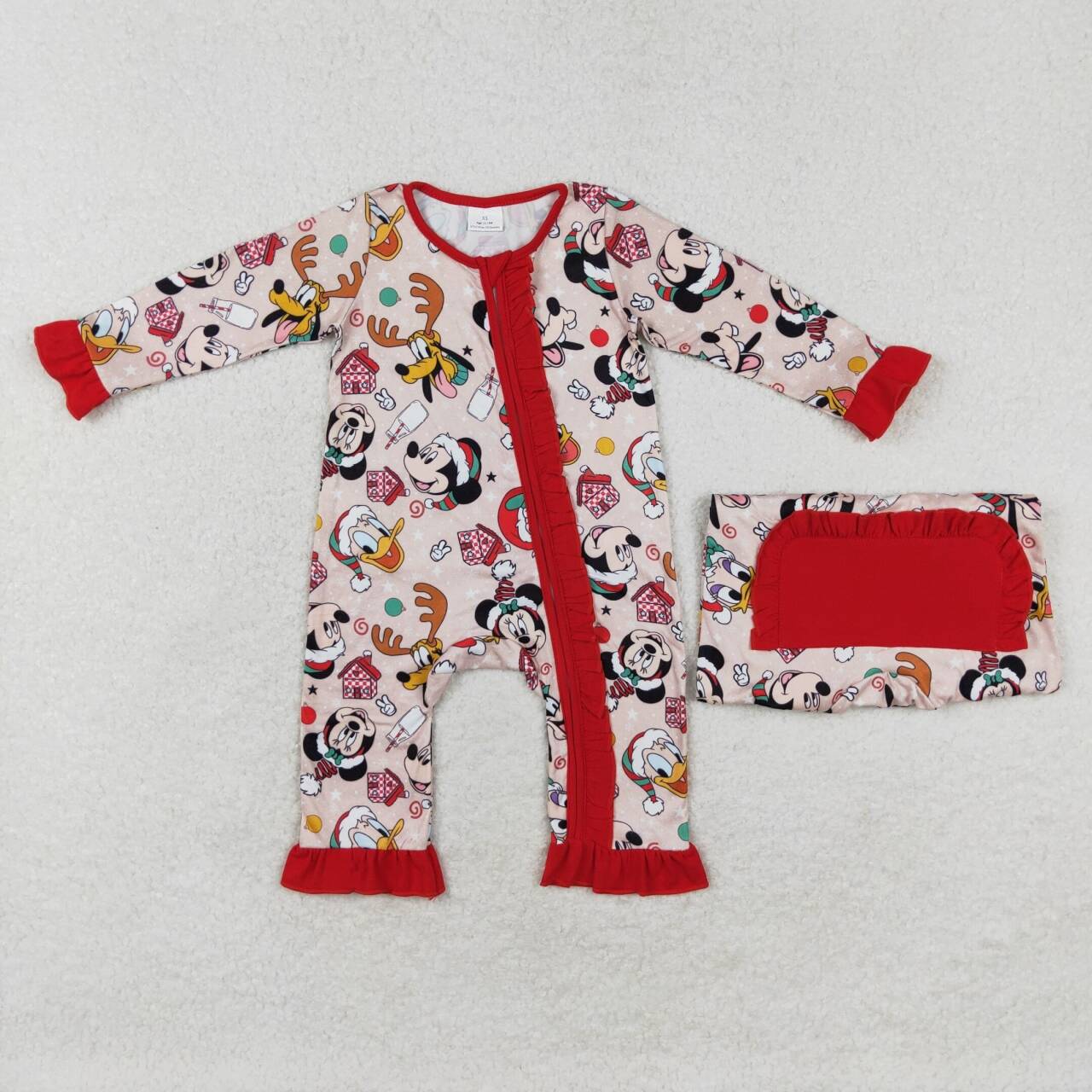 LR1334 Christmas cartoon M red long sleeve girls zipper romper