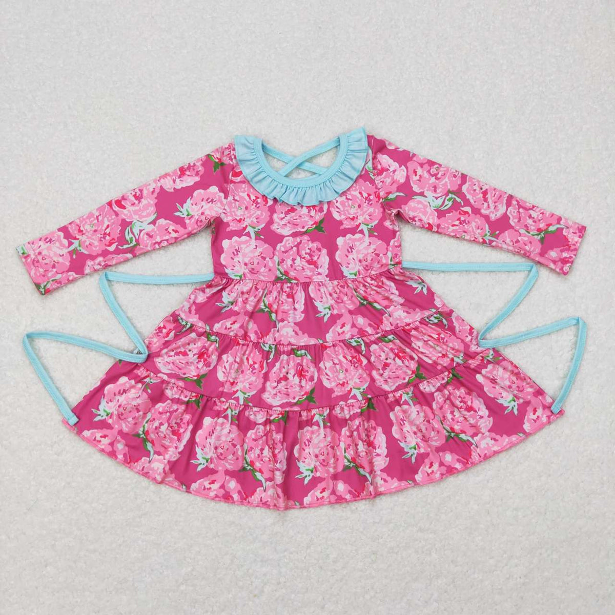 GLD0407 Pink flowers long sleeve girls dress