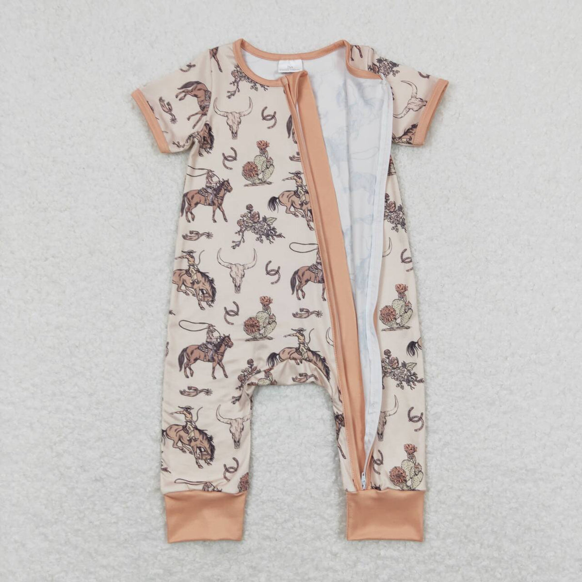 SR1220 Western cow rodeo orange short sleeve zipper girls romper