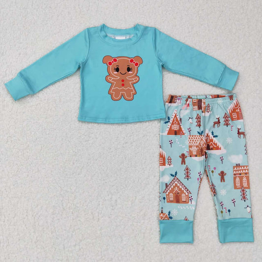GLP0778 Christmas girl Gingerbread man blue long sleeve pants girls set