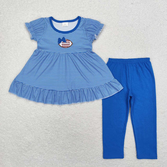 embroidery GSPO1677 football blue striped short sleeve blue pants girls set