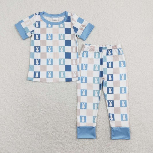 BSPO0318 Easter Rabbit Colorful Checkered Blue Short Sleeve Pants Boys Pajamas