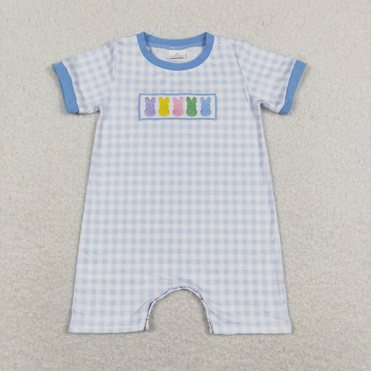 SR0690 Embroidery Easter rabbit blue checkered short sleeve boys romper