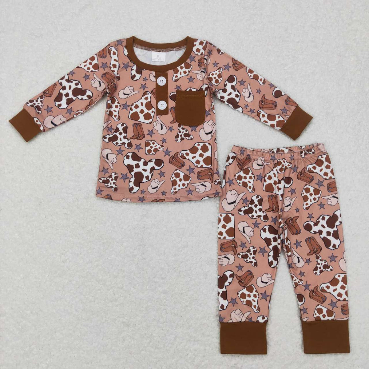 BLP0347 Western cow print brown pocket long sleeve pants boys set