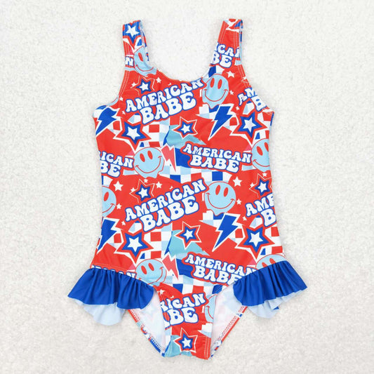 S0214 July 4th American Babe Smile Sleeveless Girls Bathing Suits Swimsuit