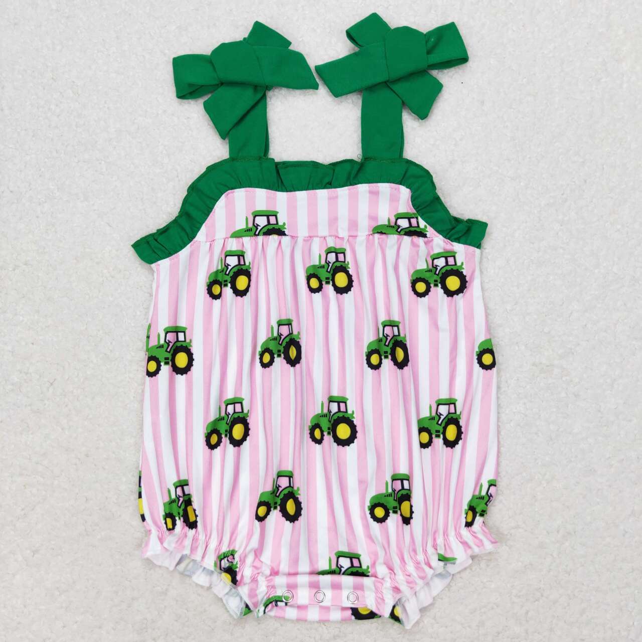 SR1623 farm tractor pink striped green lace-up girls romper