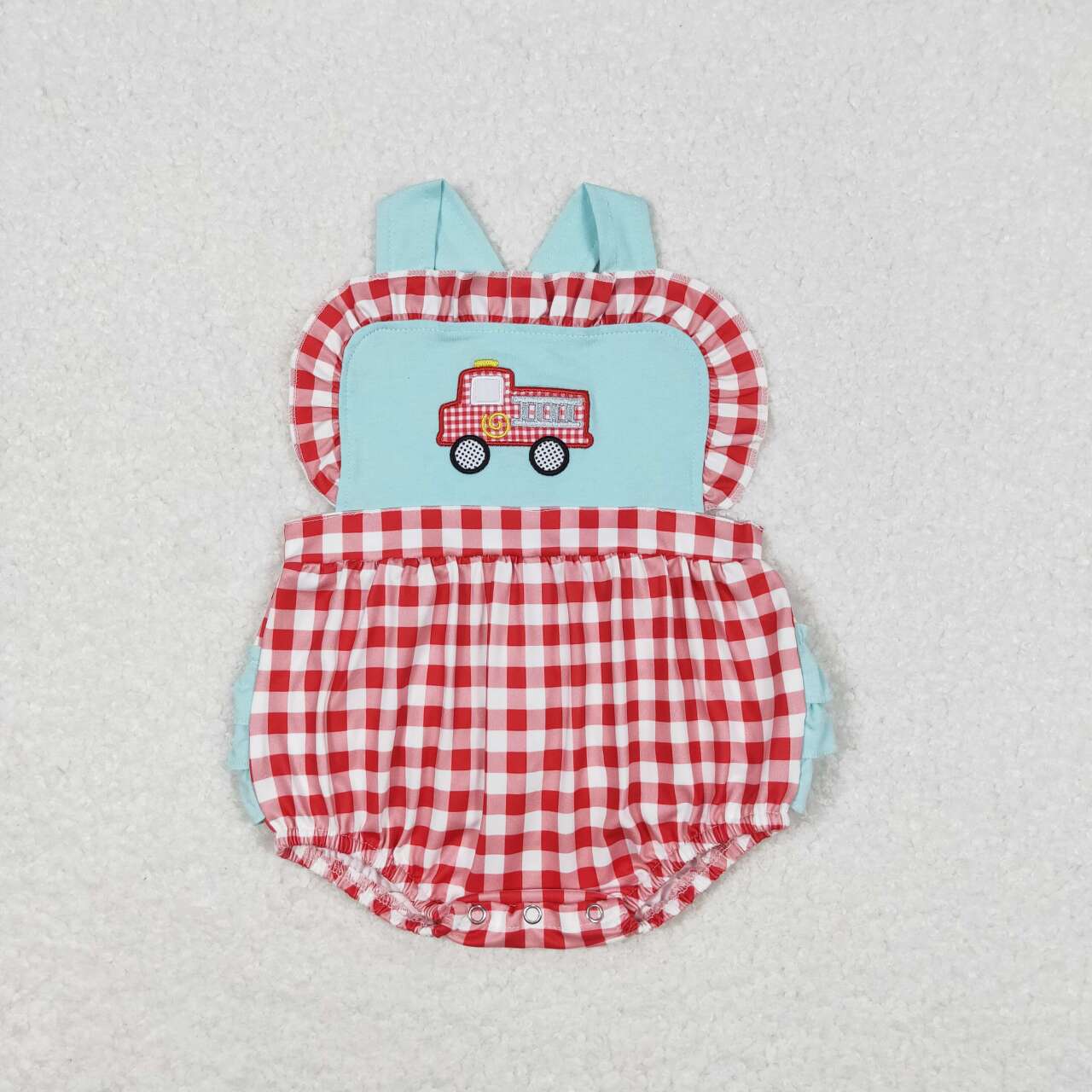 SR0958 embroidery Red Checkered Fire Truck Green Sleeveless Girls Romper