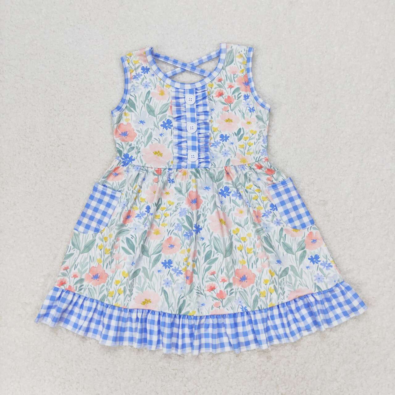 GSD1009 flowers pockets blue sleeveless girls dress