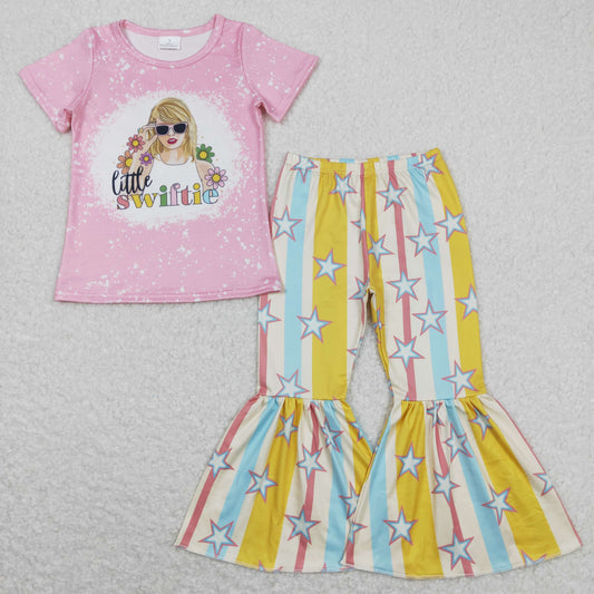 GSPO1382 Country Singer Flowers Pink Short Sleeve Star Colorful Striped Pants Girls Set