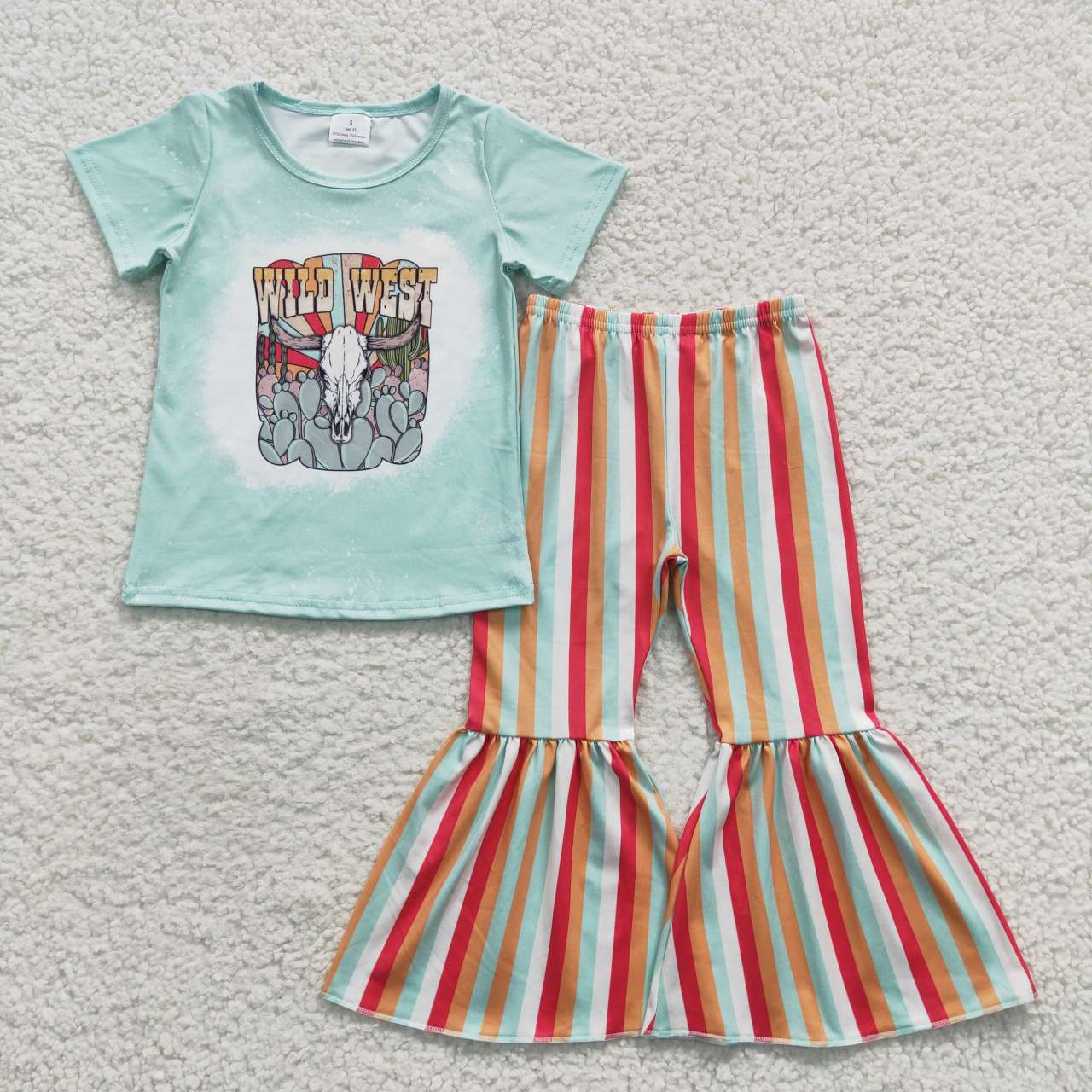 GSPO0657 Wild West Cow Cactus Western Short Sleeves Colorful Striped Pants Girls Set