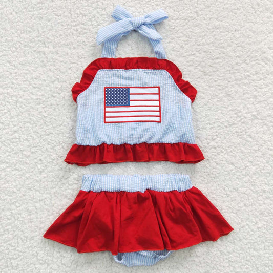 S0134 Embroidery 4th of July Flag Blue & Red Bathing Suits Swimsuits