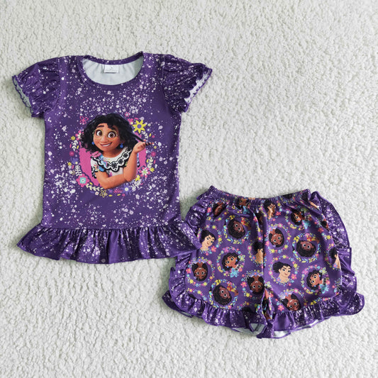 GSSO0003 Purple Short Sleeve Cartoon Girls Set