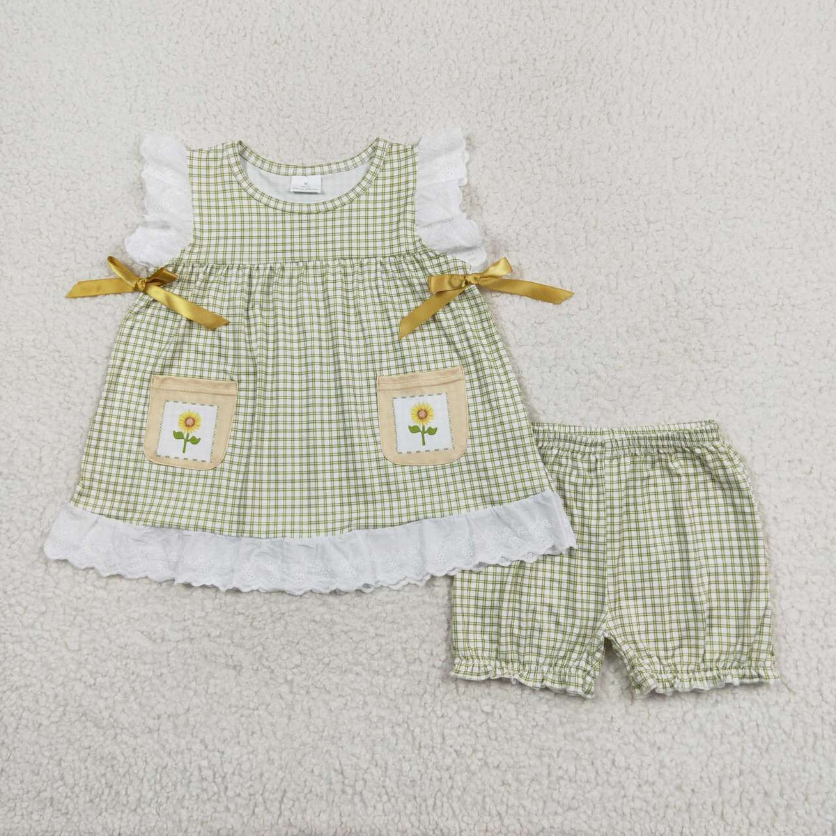 GSSO1196 green checkered flowers pockets shorts girls set