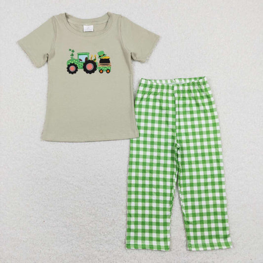 BSPO0276 Embroidery Saint Patrick Tractor Hat Grey Short Sleeve Green Checkered Pants Boys Set