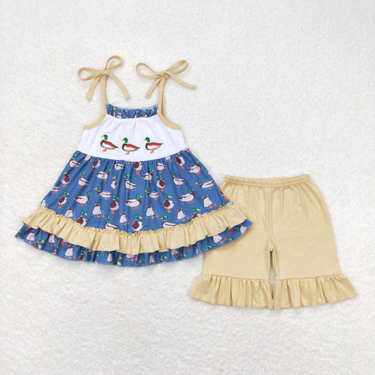 USA SHOP GSSO0697 embroidery Masllard dark blue sleeveless khaki shorts girls set