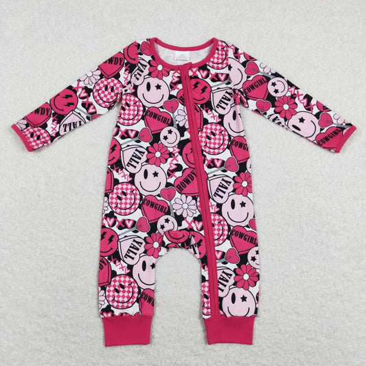 LR0896 Baby Girl Cowgirl Heart Smile Hot Pink Long Sleeve Girls Zipper Romper Kids Valentine's Day Clothes