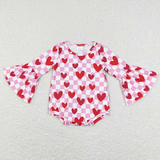 LR0865 Valentine's Day Heart Pink Checkered Long Sleeve Girls Romper