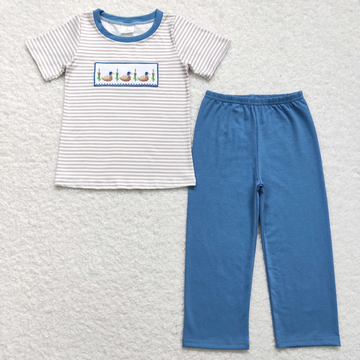 BSPO0305 embroidery Hunting Mallard Striped Short Sleeve Blue Pants Boys Set