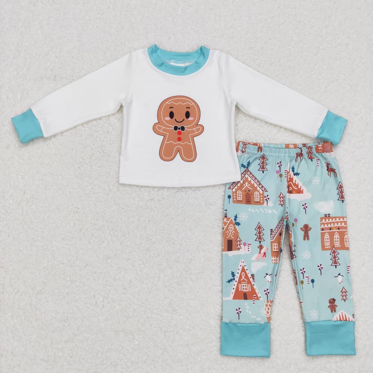 BLP0346 Christmas boy Gingerbread man blue long sleeve pants boys set