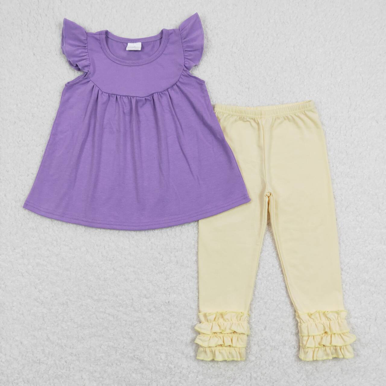 GSPO1322 Purple Flutter Sleeve White Ruffles Pants Girls Set