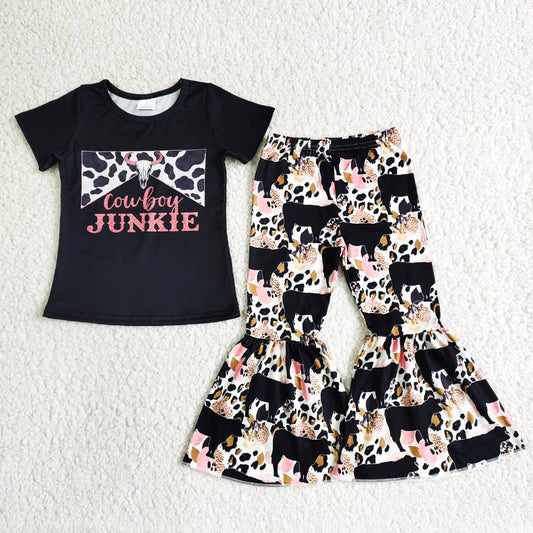 B6-28 Black Cowboy Short Sleeve Cow Print Girls Set