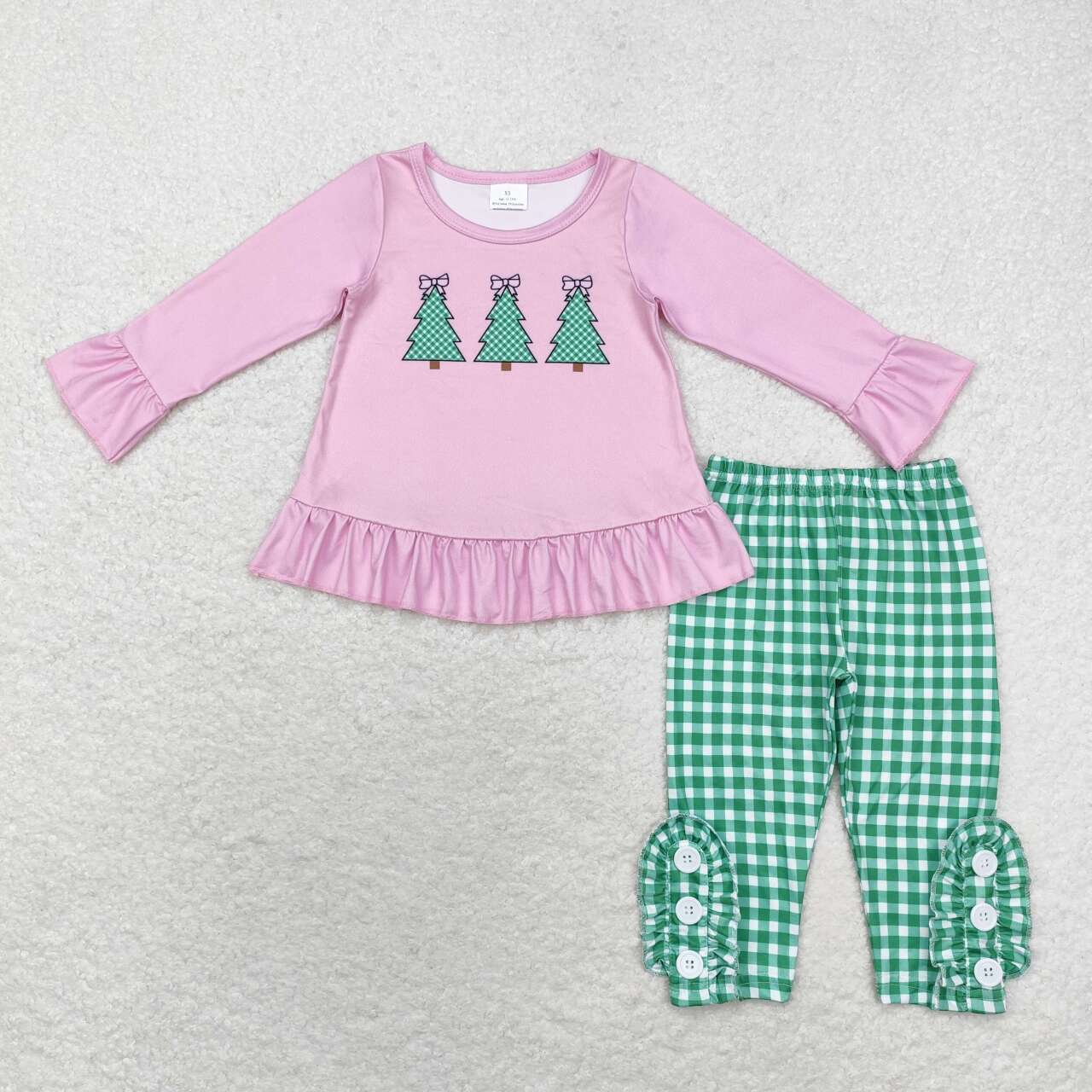 GLP1505 Christmas tree hot pink long sleeve green checkered pants girls set