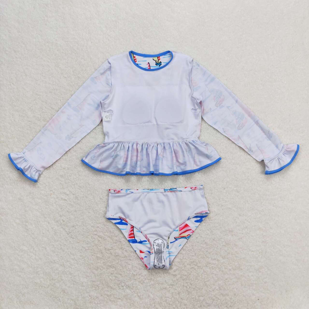 S0276 sailboat blue long sleeve girls swimsuits