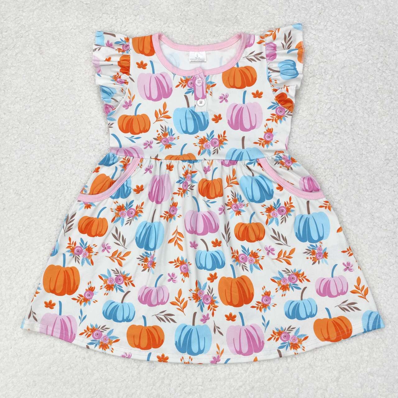 GSD1332 Autumn pumpkin colorful flutter sleeve girls dress