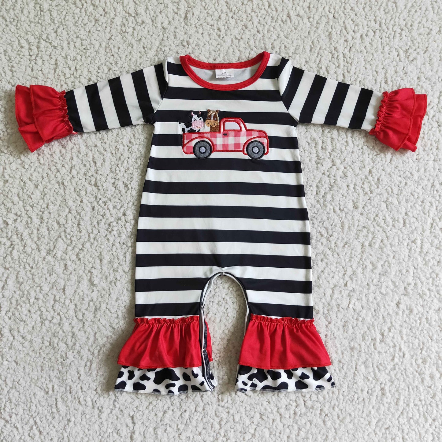 LR0015 Embroidery Farm Cow Horse Truck Striped Girls Romper