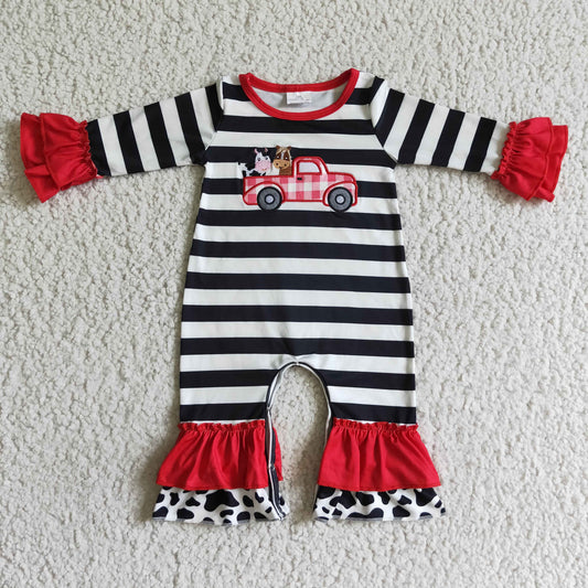 LR0015 Embroidery Farm Cow Horse Truck Striped Girls Romper