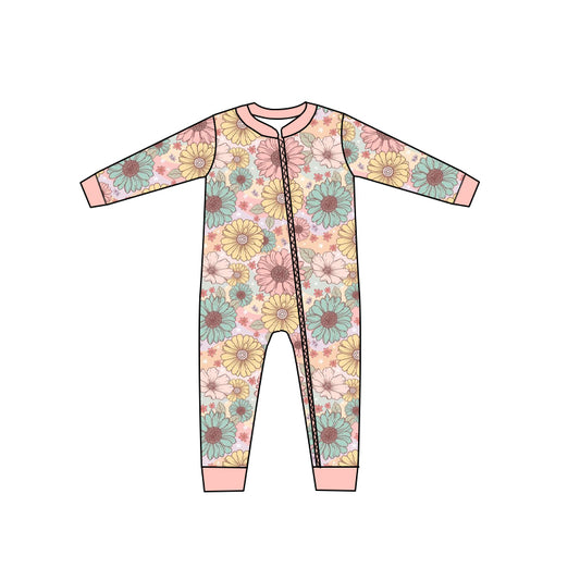 (pre order) LR0301 Colorful Flowers Pink Kids Long Sleeve Romper