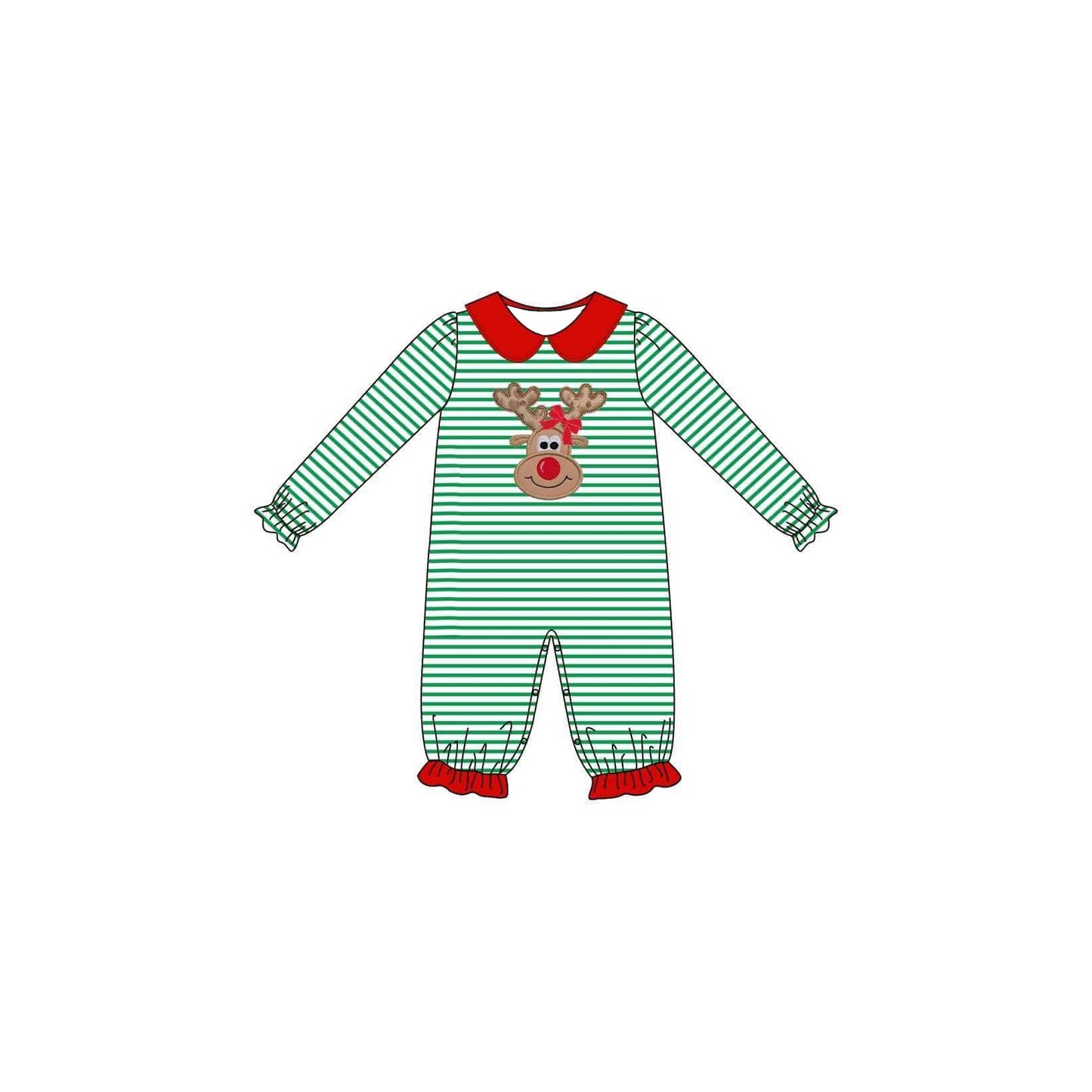 LR0339 Christmas Embroidery Deer Green Striped Girls Romper