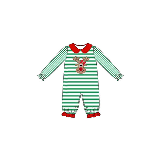 LR0339 Christmas Embroidery Deer Green Striped Girls Romper