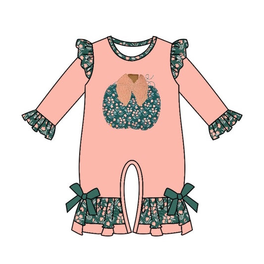 preorder LR0365 Pumpkin Green Flowers Pink Long Sleeves Girls Romper