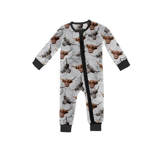 preorder LR0371 Highland Cow Grey Long Sleeves Kids Romper