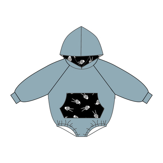 pre order LR0374 Halloween Skull Pocket Blue Hoodie Long Sleeves Kids Romper